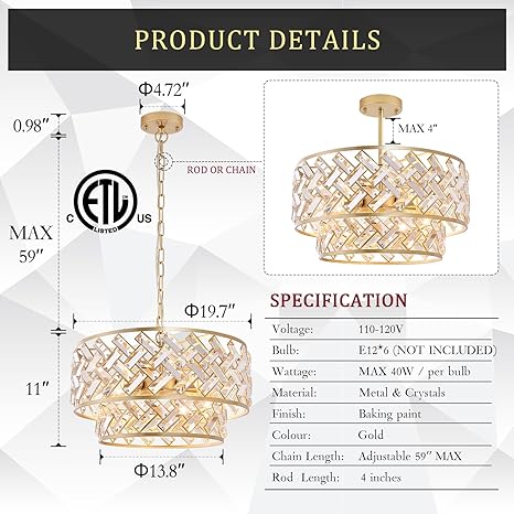 20'' Modern Gold Crystal Chandelier